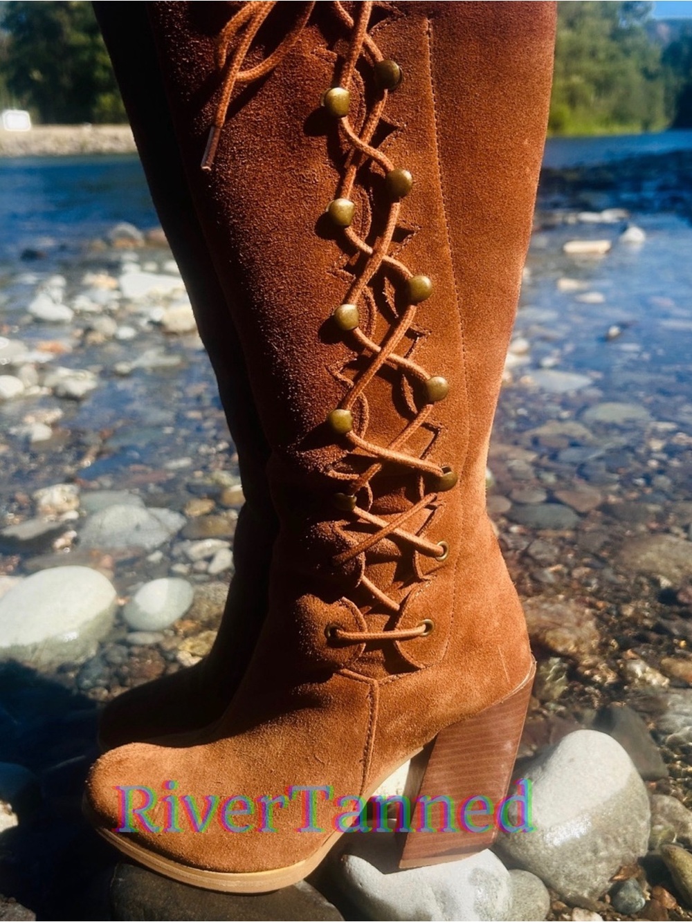 Sbicca Knee High Suede Boots 6.5 Cognac Brown Lace-Up Corset Block Heel Boho